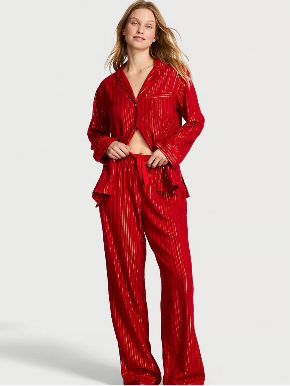 Victoria's Secret Red Gold Lurex Striped Flannel Pajama Shirt Pants Set Medium
